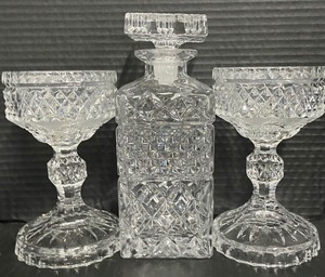 lot 127 image: Crystal Decanter and Set of 2 Crystal Candleholders