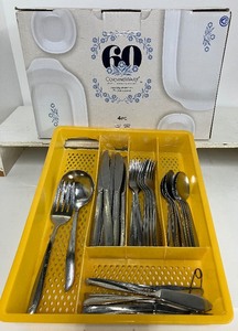 lot 126 image: Corelle 60th Anniversary 4 PC Set NEW in Box and MCM Midcentury Modern Oneida Flatware