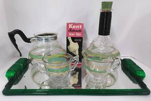 lot 138 image: Vintage Kent Delux Coffee Set with MIrrored Tray and Bakelite Handles with Original Box