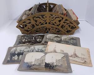 lot 134 image: Antique Victorian Letter Holder or Canterbury Holder with Stereoview Cards Victorian Era, Soldiers