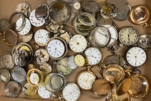 lot 143 image: Large Assortment Vintage Antique Pocket Watches, Movements, Crystals, Parts for Repair Crafting Collecting