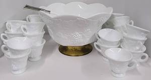 lot 120 image: Milkglass Punchbowl and Cups Grapevine and Leaf Pattern with gold tone base and ladle