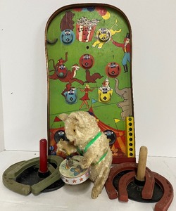 lot 183 image: Vintage 1930s Lucky 7 Poosh-M-Up tabletop pinballbagatelle game with a circus theme Vintage Toy Lot