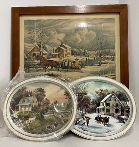lot 196 image: American Farm Scene Picture and Currier and Ives Toleware Trays