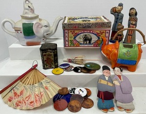 lot 229 image: Antique Vintage Asian Influence Collectibles Decor Elephant Teapots Tea Tin