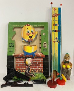 lot 232 image: Vintage Toy Lot Wilfred Woodpecker Humpty Dumpty Dart Game Wind Up Clown
