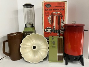 lot 219 image: Vintage Avocado Green Appliances and Red Coffee Maker with Box