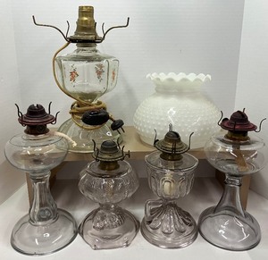lot 271 image: Glass Kerosene Lamp Lot of 5 and Hurrican Hobnail Shade