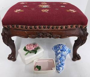 lot 272 image: Needlepoint Footstool and Wall pocket decor