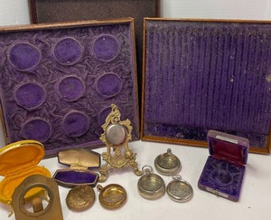 lot 100 image: Vintage Antique Watch Display Cases Brass or Bronze Pocketwatch Diplay and Pocketwatch Shells
