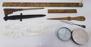 lot 261 image: Vintage Letter Openers Rulers Magnifying Glass Desk Lot