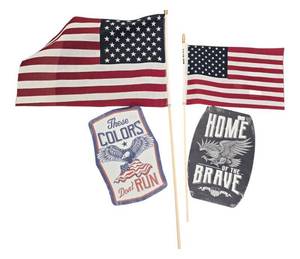 lot 70 image: Patriotic Lot  Includes two wooden patriotic signs and two USA flags.