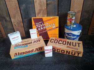 lot 19 image: Fun Collection of Vintage Product Containers, Candy Boxes, Beer Can, Band Aid Tins