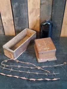 lot 26 image: Antique Lot of wooden Boxes, Rare Barbed Wire and More