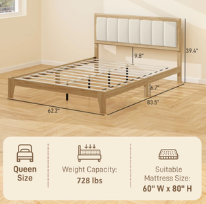 lot 12 image: HOMCOM Queen Bed Frame with Headboard Queen Platform Bed Frame with Wooden Slats No Box Spring Needed Easy Assembly Natural