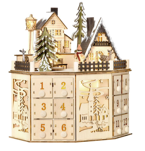 lot 208 image: Homcom - Christmas Advent Calendar, Light Up Table Wooden Decor w Countdown Drawers & Village - Natural Wood