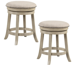 lot 318 image: COSTWAY 360° Swivel Bar Stools Set of 2, Height Upholstered Round Barstools with Wooden Frame, Seat and Footrest, Backless Solid Wood Counter Stools for Kitchen Island Bistro Pub, Beige (Maybe Missing Hardware)