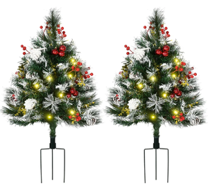 lot 401 image: HOMCOM 2.5 Ft30 2 Pack Outdoor Entryway Pre-Lit Artificial Christmas Tree Cordless with 70 Branches, Warm White LED lights, Red Berries, Pine Cones, Balls, Green