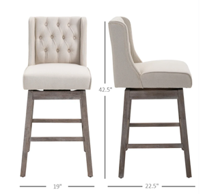 lot 410 image: HOMCOM Bar Height Bar Stools Set of 2, 180 Degree Swivel Barstools with Solid Wood Footrests and Button Tufted Design, 30 Seat Height Bar Chairs for Kitchen Island, Beige