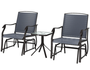 lot 413 image: Outsunny 3 Piece Outdoor Glider Chair with Coffee Table Bistro Set, 2 Patio Rocking Swing Chairs with Breathable Sling Fabric, Glass Tabletop, for Backyard, Garden and Porch, Gray (Missing Part G)