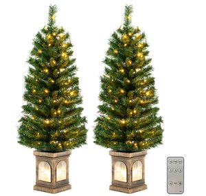 lot 417 image: Costway - 2 PCS 4 FT Pre-Lit Potted Christmas Tree Artificial Entrance with 3 Lighting Modes - Green