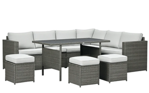 lot 11 image: Outsunny Wicker Outdoor Patio Furniture Set, L-Shaped 7 Piece Outdoor Dining Sectional Sofa with Dining Table and Chair, Storage Loveseat, Ottomans and Cushions, Mixed Gray