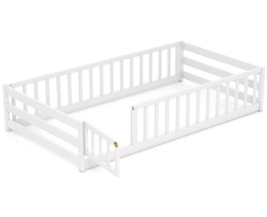 lot 27 image: Costway Twin Size Floor Bed with Door & Fence with Safety Guardrails & Slats Support White
