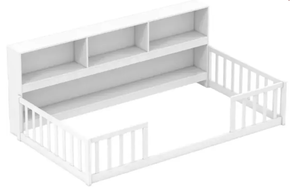 lot 28 image: Costway Twin Size Montessori Floor Bed with Bookcase (Missing Hardware)