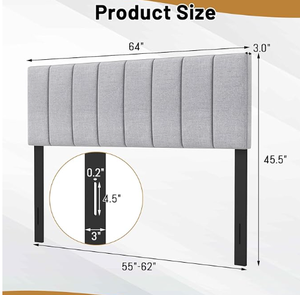 lot 48 image: KOMFOTT Linen Upholstered Headboard for Full & Queen Size Bed, Vertical Channel Tufted Rectangular Headboard with Solid Wood Legs & Adjustable Width, Padded Bed Backboard, Easy Assembly (Gray)