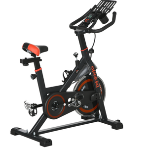 lot 69 image: Soozier Exercise Bike, Flywheel Indoor Stationary Bike, Adjustable Height and Resistance, with LCD Monitor, Comfortable Seat Cushion, 264 lbs Capacity, Black and Red