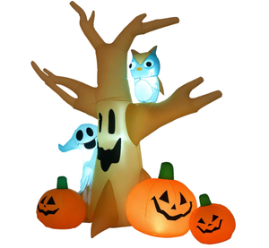 lot 209 image: HomCom 7.5 Tall Outdoor Lighted Inflatable Halloween Blow Decoration - Haunted Tree for Holiday Party Garden Lawn Yard with OwlGhostPumpkins