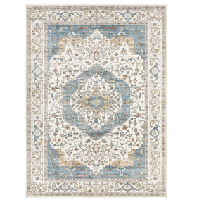 lot 210 image: Area Rug for Living Room - 8ft x 10ft Soft Washable Oriental Vintage Floral Distressed Large Carpet - Fade Stain Resistant Non Slip Rugs for Bedroom Dining Room Nursery Dorm Office Home Decor - BlueBeige