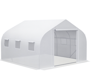 lot 423 image: Outsunny 11.5 x 10 x 6.5 Walk-in Greenhouse, Tunnel Green House with Zippered Mesh Door and 6 Mesh Windows, Gardening Plant Hot House with Galvanized Steel Frame, White (Missing A Couple Poles But Still Functional)