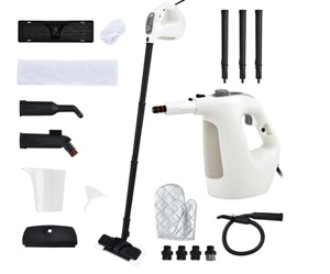 lot 424 image: COSTWAY Handheld MultiPurpose Steam Cleaner with 17 Pieces, 350ml Large Capacity Steam Mop Continuous Fill water, Portable Chemical-Free Steamer for Home Use, Floors, Windows, 1400W, Grey
