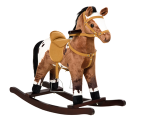 lot 437 image: Qaba Kids Wooden Plush Ride-On Rocking Horse Chair Toy with Realistic Sounds Dark BrownWhite
