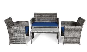 lot 71 image: Costway 4 -Piece Rattan Patio Conversation Set with Blue Cushions