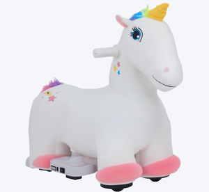 lot 219 image: Qaba 6V Kids Ride on Horse Battery Powered Ride on Toy Unicorn Shaped Electric Riding Animal with Music Forward PU Wheels for Girls Boys Aged 18-36 Months White (Slightly Dusty, Not Functioning, Only Plays Music)
