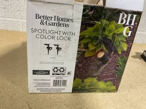 lot 449 image: Better Homes & Gardens Taylor Solar Powered Black Cast Metal Color Lock LED Spotlight, 150 Lumens, 2 Pack