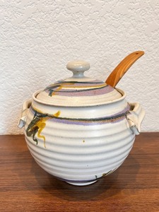 lot 96 image: Handmade Signed Ceramic Soup Pot with Lid and Wooden Ladle