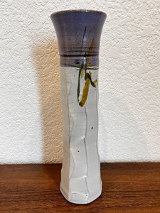 lot 98 image: Handmade Signed Stoneware Vase with Purple Rim, 12 Inch Tall