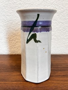 lot 99 image: Handmade Ceramic Octagonal Vase with Purple and Green Brushwork, Signed