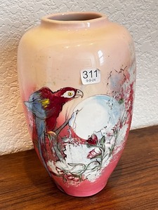 lot 105 image: Hand-Painted Bob Wiscarson Parrot Vase Signed 12 Inch Tall