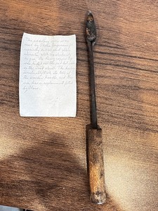 lot 106 image: Antique Heavy Copper Soldering Iron with Replacement Wooden Handle