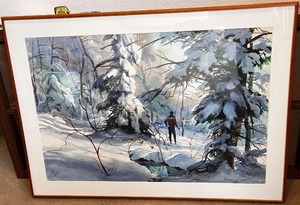 lot 118 image: Framed Winter Landscape Watercolor by John Pike, 46x32 Inches