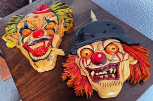 lot 152 image: Set of 2 Handcrafted Wood Carved Clown Wall Masks Signed P. A. Barry