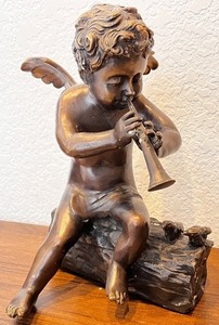lot 155 image: Bronze Cherub Figurine Playing Flute on Log with Birds