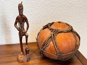 lot 156 image: Lot of Tribal Hand-Carved Wooden Figure and Gourd Vessel Decor