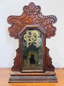 lot 158 image: Antique Wooden Case Mantel Clock with Ornate Carving and Glass Panel