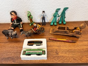 lot 165 image: Collection of Vintage Toys and Collectibles Including Tin Wind-Up Donkey Cart, Gumby Figures, Model Trolley Cars