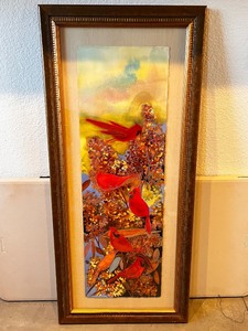 lot 231 image: Framed Cardinal Artwork with Floral Design, 51x21 Inches